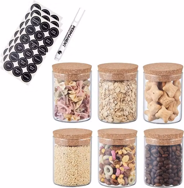 Eden & Willow Set of 6 Transparent Round Glass Spice Jars with Cork Lids and Labels, 200ml each