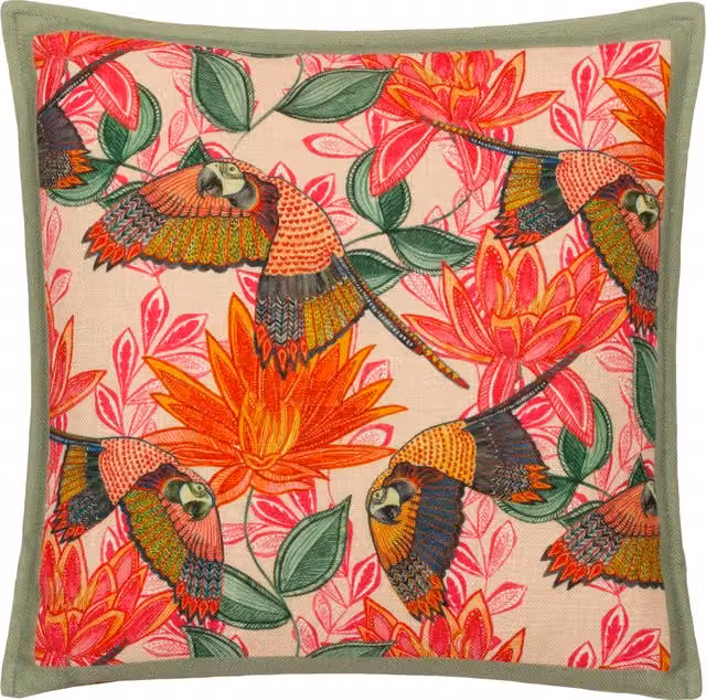 Iniko Parrots Tropical Multicolour Velvet Cushion with Feather Filling