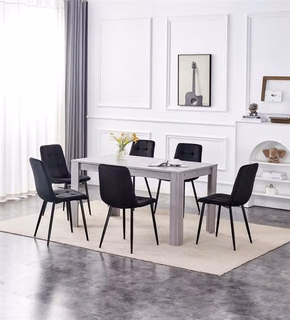 Kosy Koala Modern Grey Rectangular Dining Table Set with 6 Black Velvet Chairs in Brown