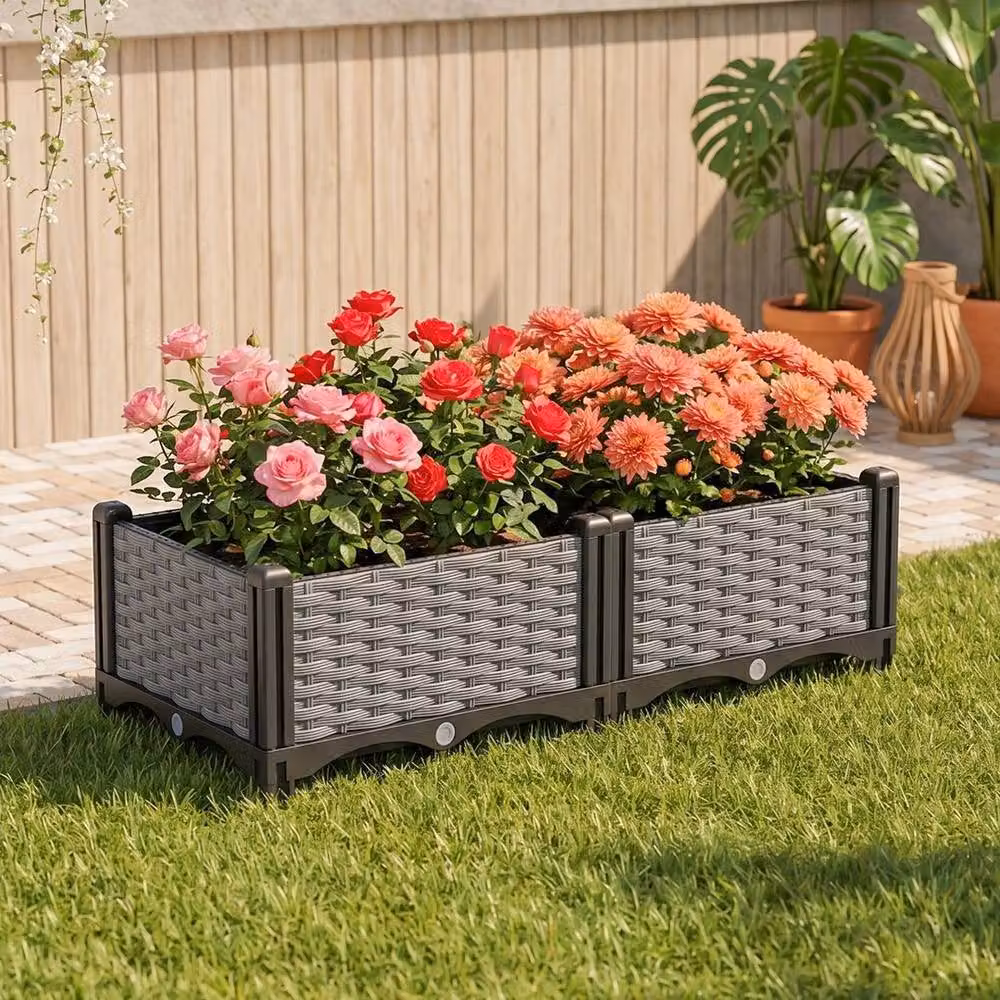 NESTLUNE Grey Rattan Effect Plastic Raised Garden Bed W: 80 cm, D: 40 cm, H: 22 cm – 4