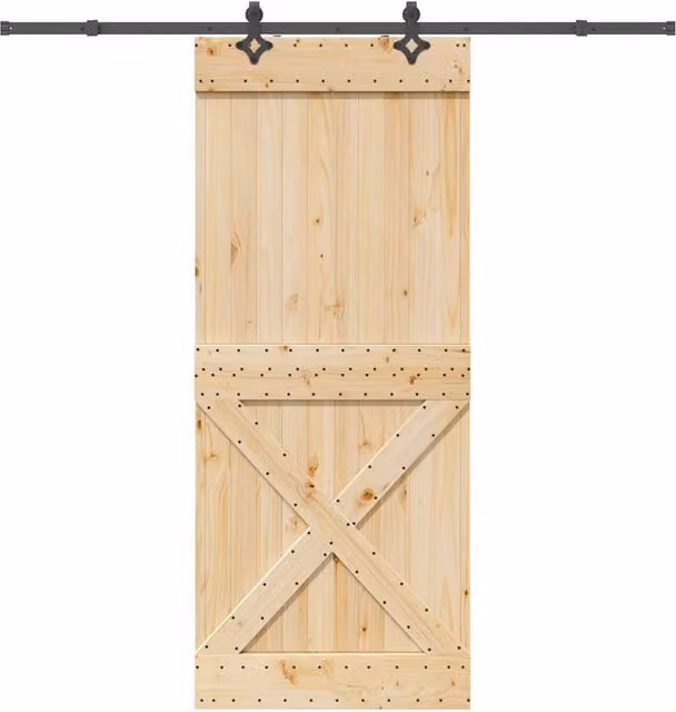 Berkfield Home Rustic Solid Wood Pine Sliding Door with Hardware Set in Brown, W: 95 cm, H: 210 cm