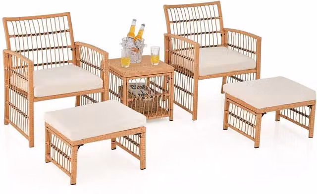 Costway 5 Piece Natural Rattan and Metal Patio Wicker Sofa Set with Beige Seat Cushions