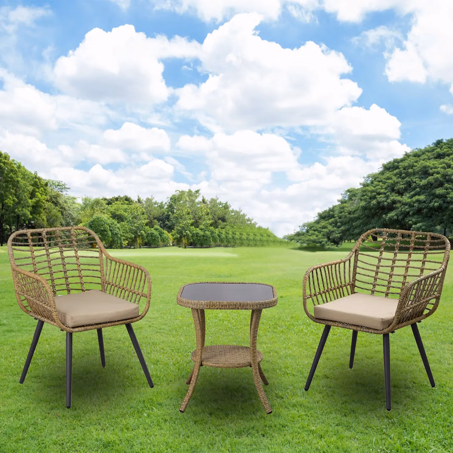 FURNITURE ONE 3 Piece Rattan Garden Bistro Set with Glass Top Table in Beige – 3