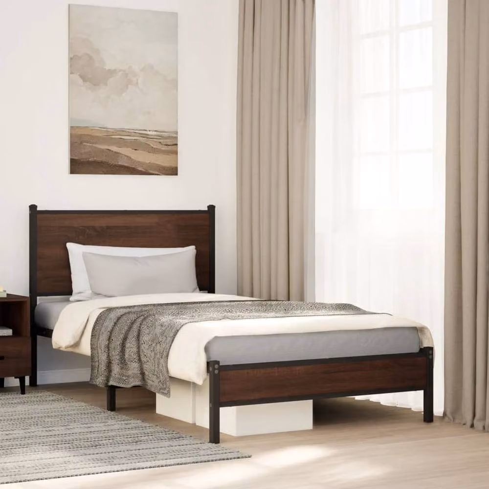 Berkfield Home Industrial Metal and Oak Bed Frame in Brown, W/D/H: 100 x 190 cm – 2