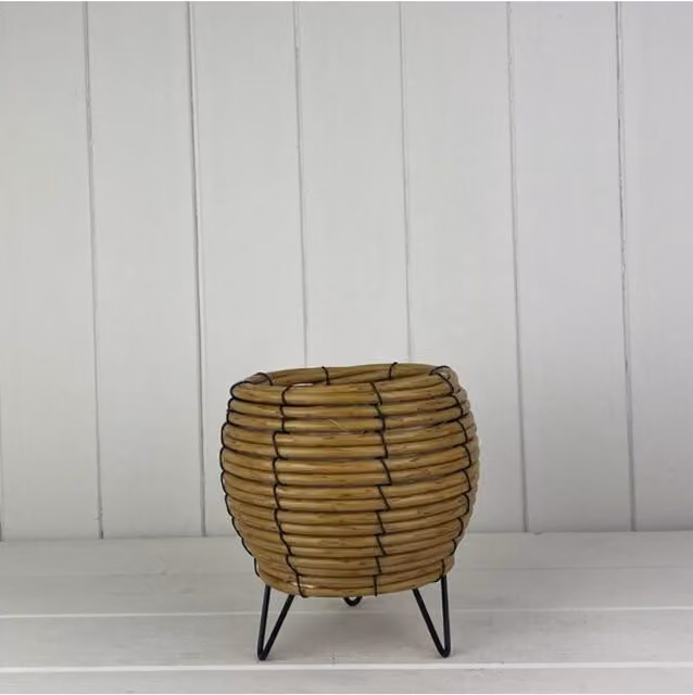 KDMD Brown Rustic Bulbous Rattan Tabletop Pot with Legs