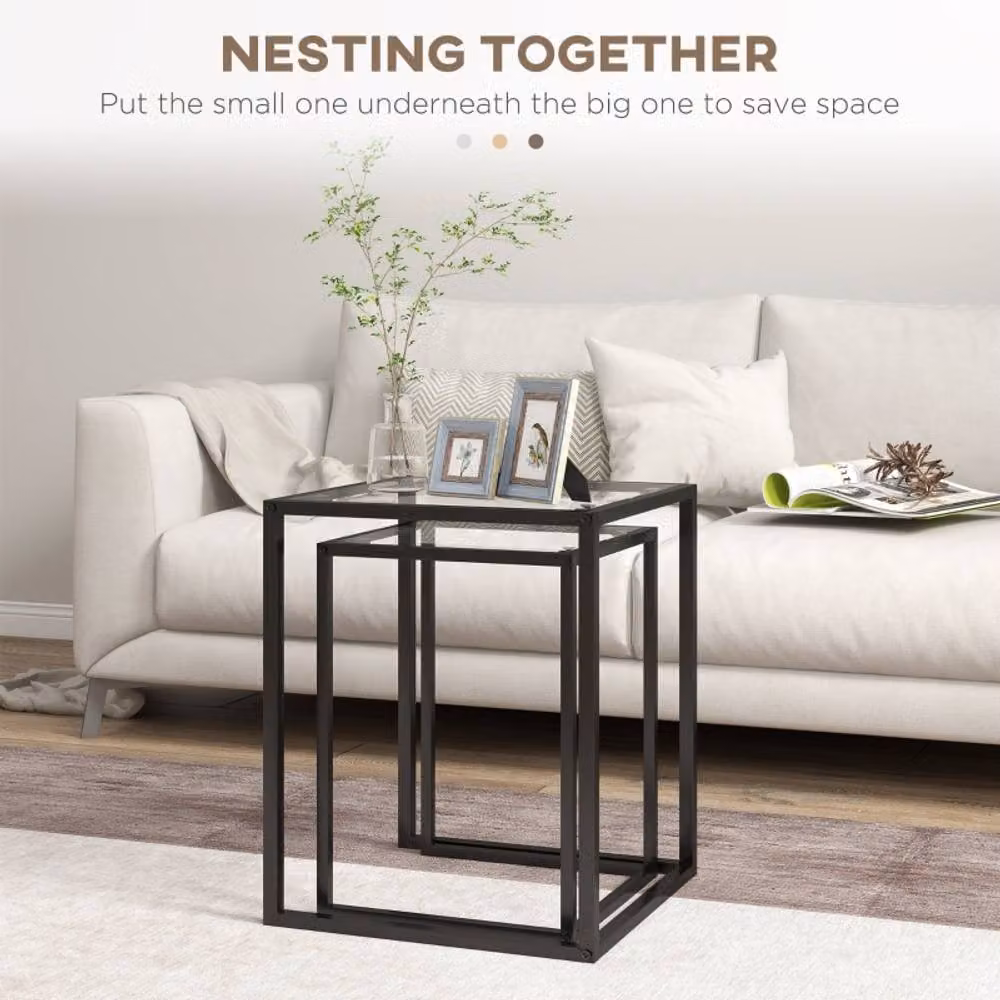 STILVORA Set of 2 Modern Square Nesting Side Tables with Glass Tops and Black Steel Frames – 3