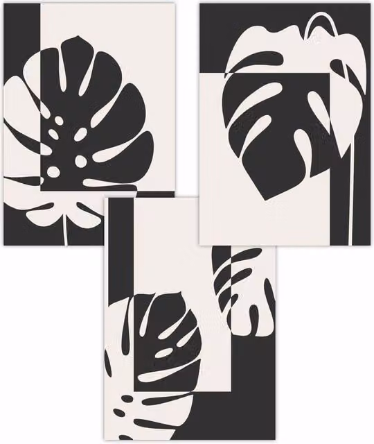 ARTZE Set of 3 Mid Century Monstera Botanical Paper Posters in Black, Orange, Blue and Grey, W: 50 cm x H: 70 cm