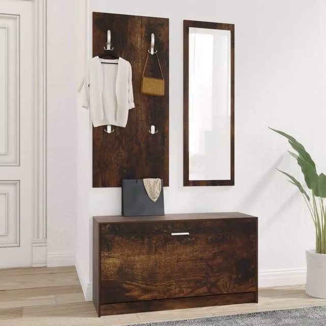 Berkfield Home 3-in-1 Shoe Cabinet, Wall Rack and Mirror Set in Smoked Oak Brown – 1
