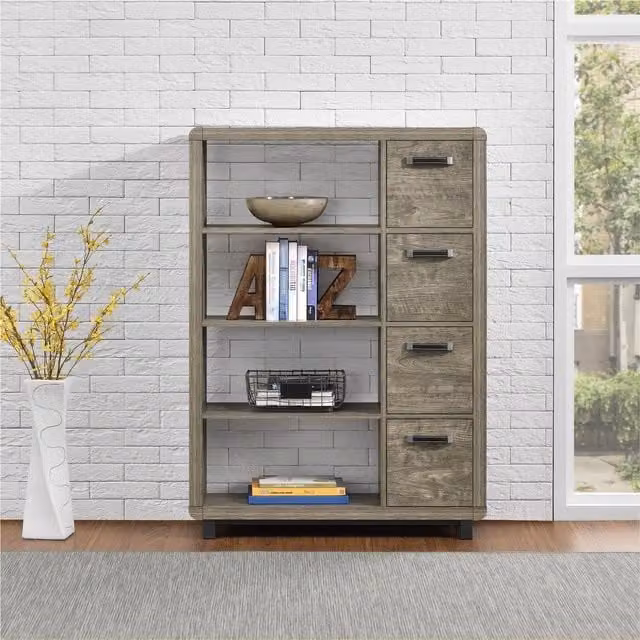 Ameriwood Home Eastlin Bookcase with Bins in Weathered Oak Brown