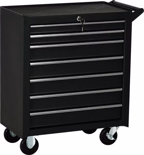 HOMCOM 7-Drawer Steel Tool Cabinet on Wheels with Lockable Rollable Design, Black – 1