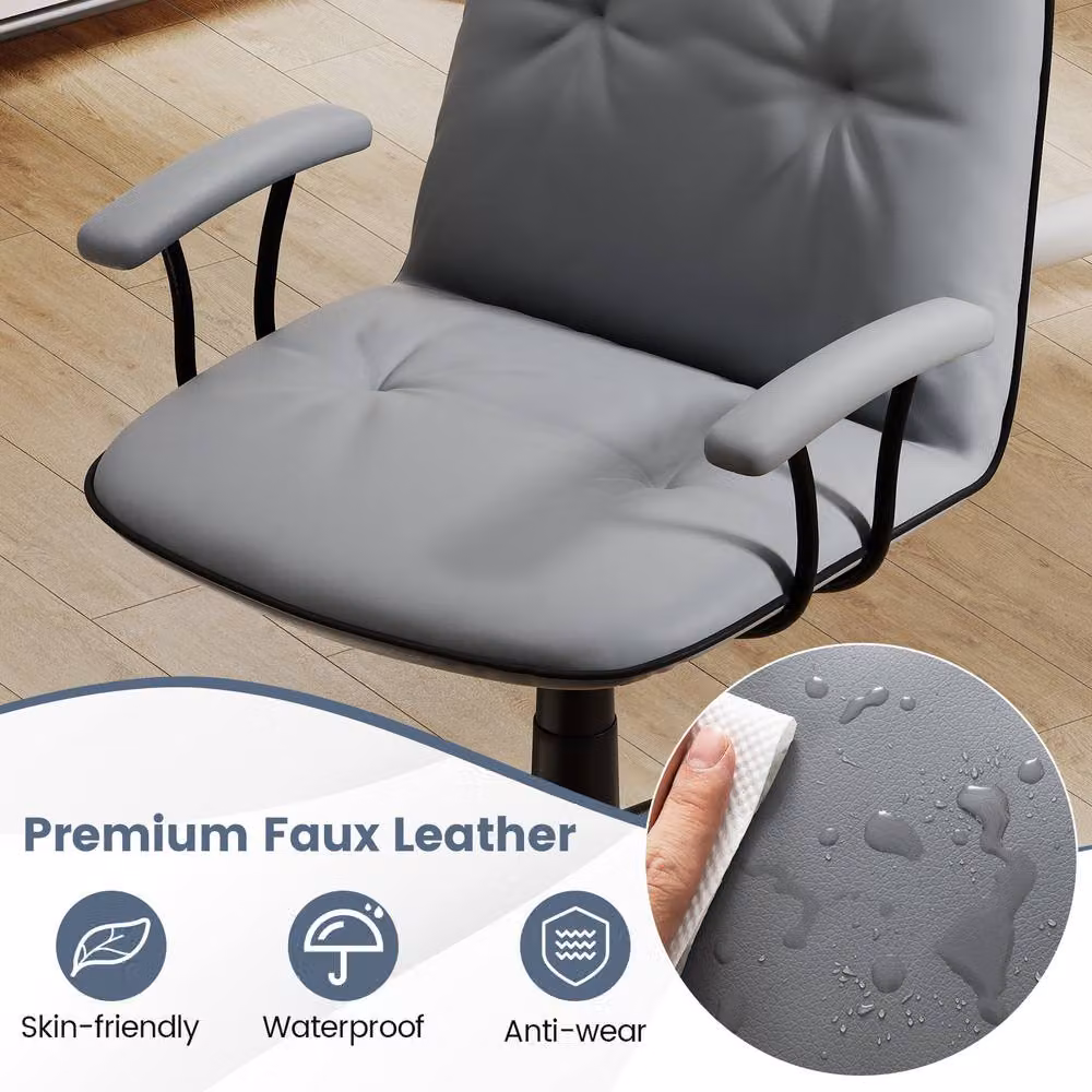 Costway Grey PU Leather Swivel Home Office Task Chair with Armrests and Castors – 8