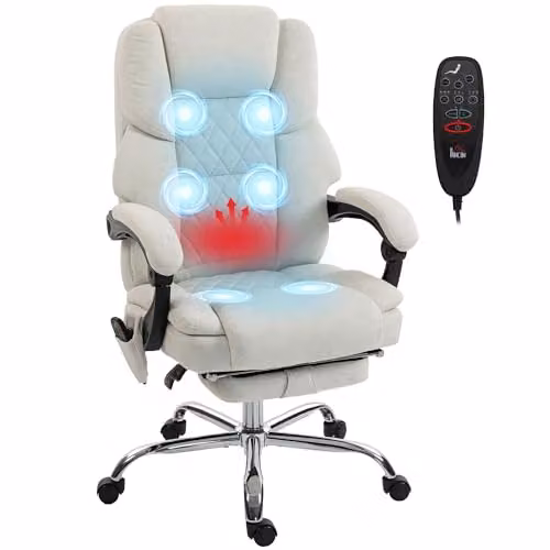 HOMCOM Executive Office Chair with 6-Point Vibration Massage and Heat, Beige Velvet Upholstered High Back Design with Headrest and Armrests, H 118 x W 70 x D 67 cm – 1