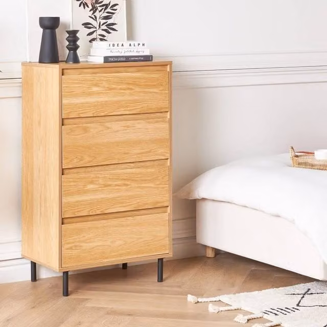 Wyld and Coco Four-Drawer Chest in Light Brown with Black Metal Legs, H: 104 cm x W: 40 cm x D: 60 cm