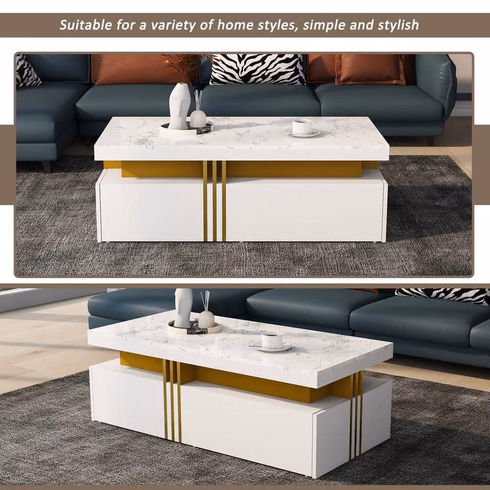Rolipo Modern White Coffee Table with Marble Effect Top and Drawers – 4