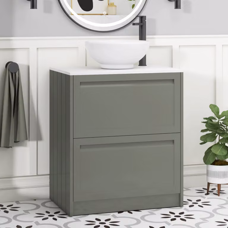 Royal Bathrooms Elmore Floor Standing 2 Drawer Vanity Unit with Breeze Basin in Matt Green and White, W: 70 cm