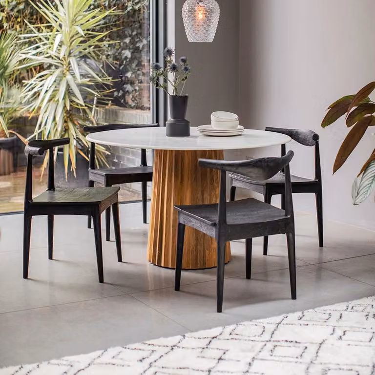 Atkin & Thyme Modern Round Marble Dining Table with Mango Wood Base in Black and White