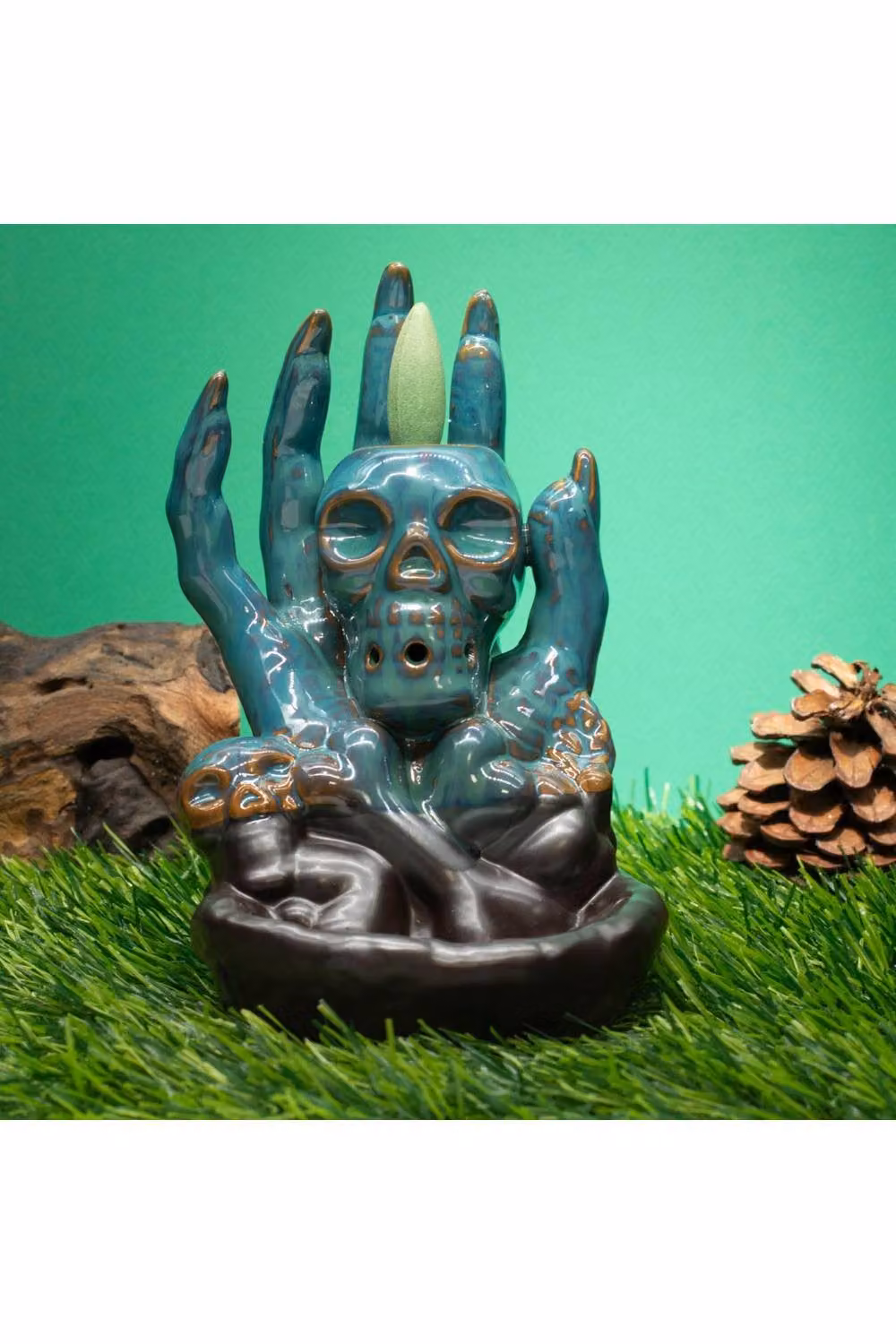 KDMD Skull in Hand Backflow Incense Burner, Turquoise Glazed Ceramic – 2