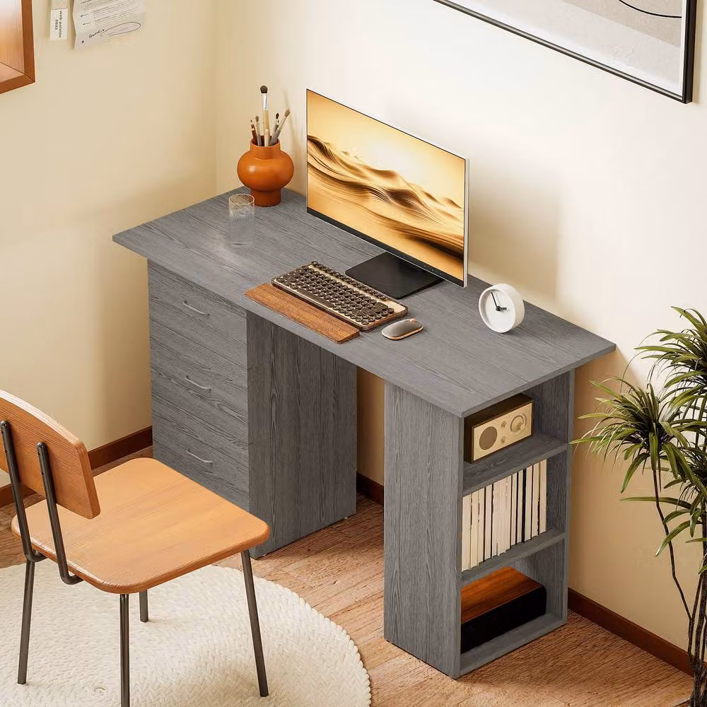 Rolipo Grey Computer Desk with Drawer Unit and Storage Shelves, W: 120 cm, D: 49 cm – 3
