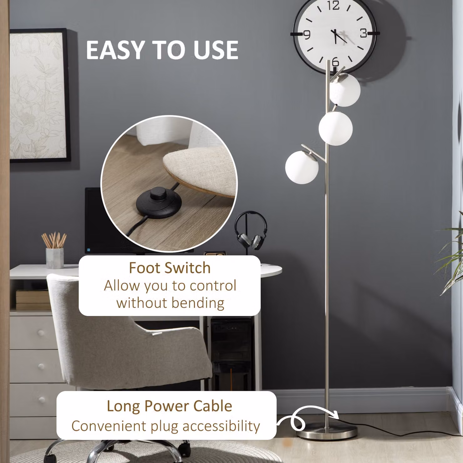 HOMCOM Modern 3-Light Tree Floor Lamp with Silver Metal Base and White Glass Sphere Lampshades – 3
