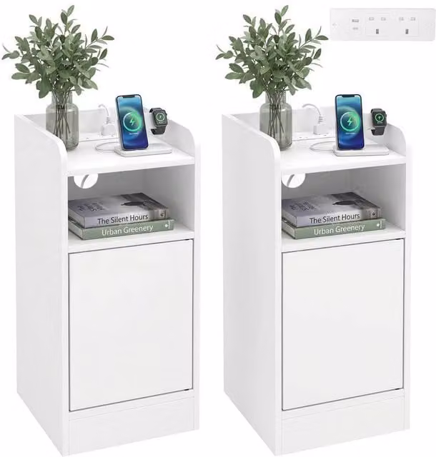 KORVIXA White Slim Bedside Table Set of 2 with Charging Station