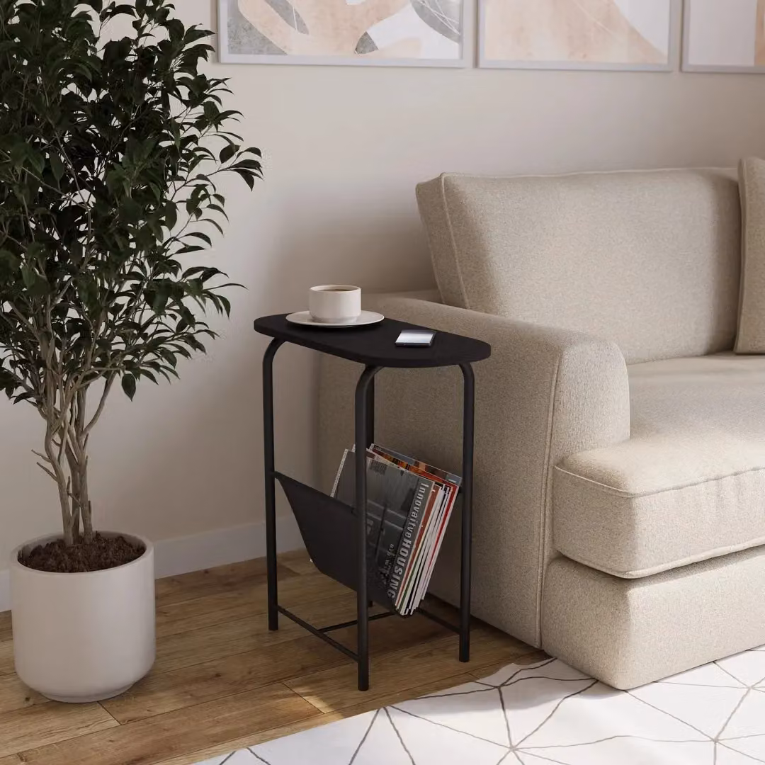 EONLION Slim Oval Side Table with Magazine Holder in Light Oak, W/D/H: 25.0 x 58.0 x 55.0 cm – 2