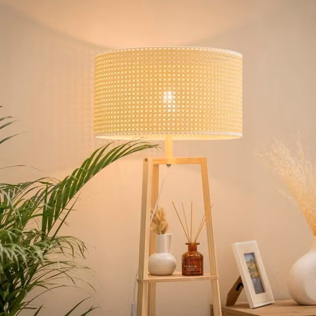 ValueLights Hiru 3 Tier Wooden Shelf Floor Lamp with Rattan Shade and Bulb in Beige – 2