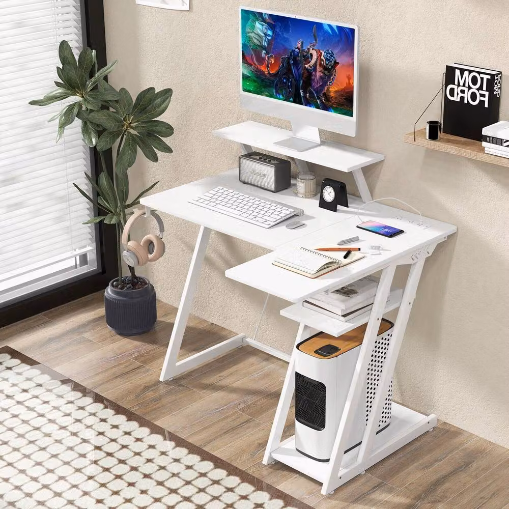 Costway L-Shaped Gaming Desk with Monitor Shelf and Outlets in White – 3