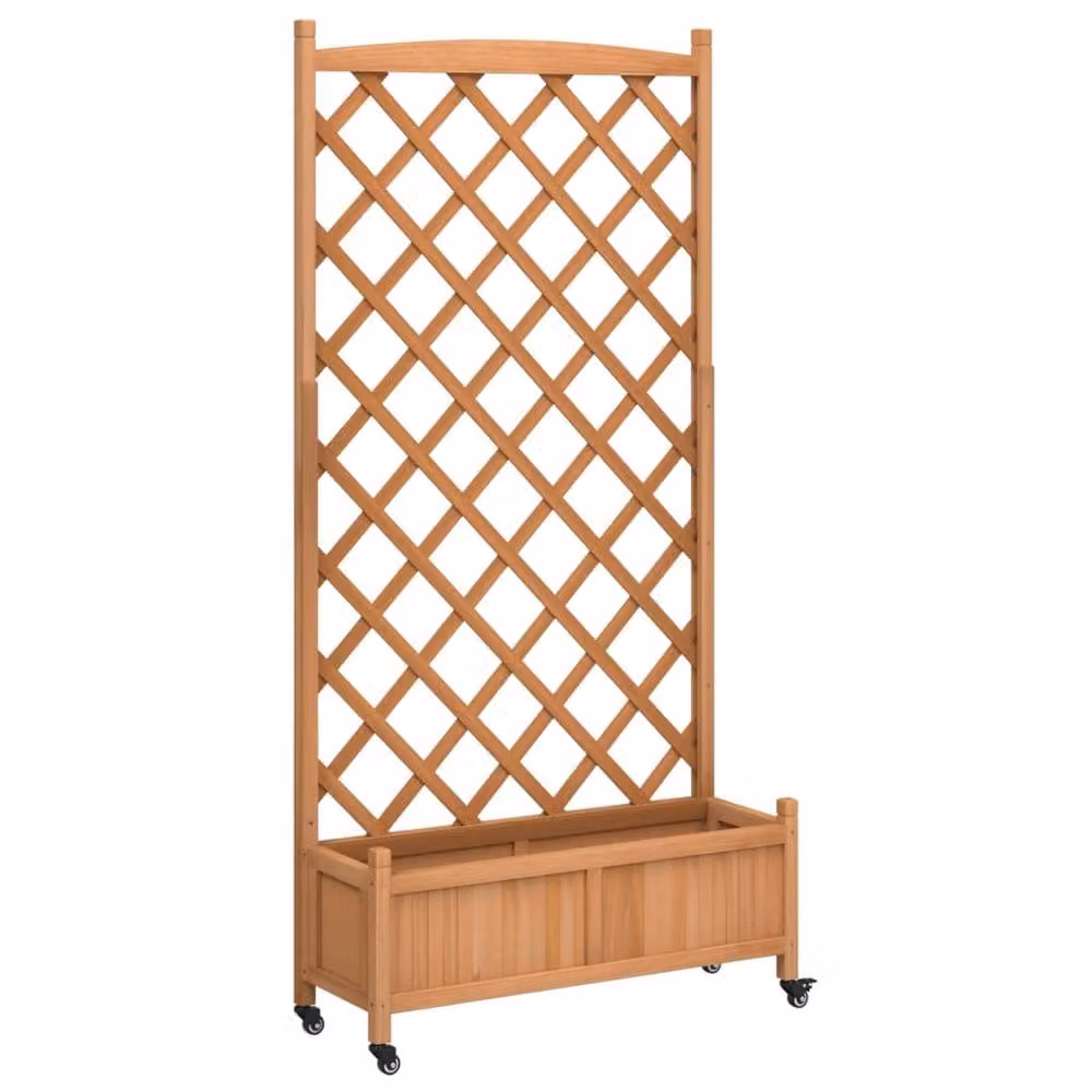 Berkfield Home Brown Solid Wood Fir Planter with Trellis and Wheels – 2