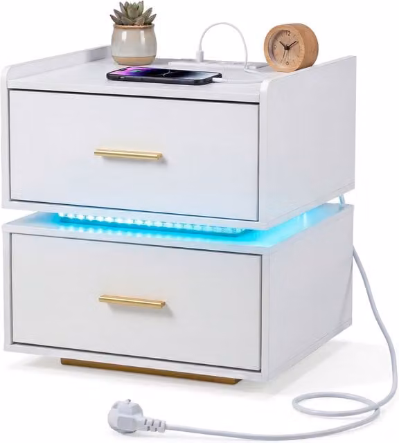 COSTWAY Modern White Matt End Table with Integrated Lighting and Metal Frame