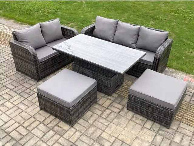 Fimous Grey Rattan Garden Dining Set with Height Adjustable Glass Top Lift Table, Lounge Sofa and 2 Footstools