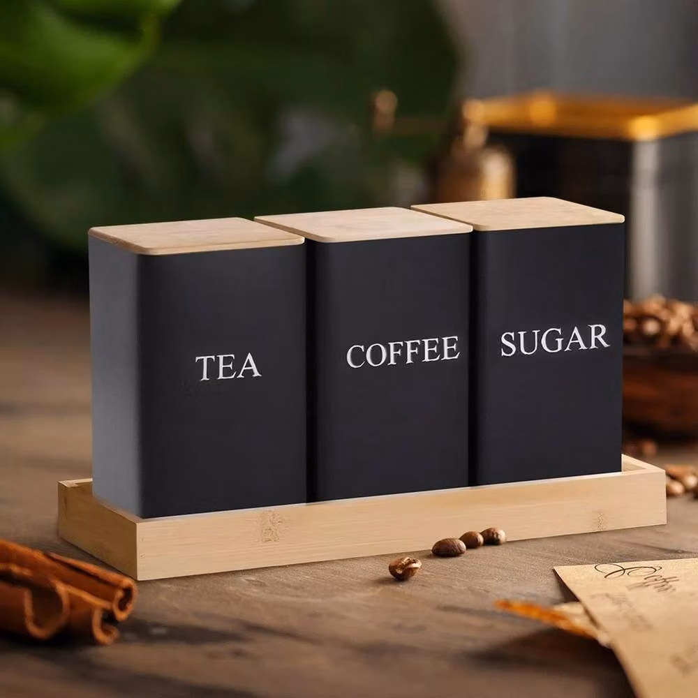 SPETLEK 3 Piece Metal and Bamboo Coffee, Tea and Sugar Storage Set in Black – 4