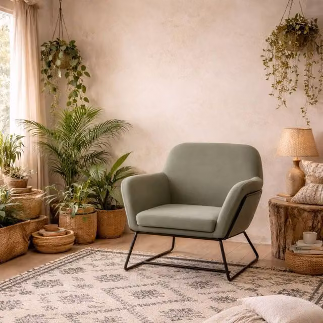 Wyld Haus Marseille Sage Green Velvet Armchair with Black Metal Legs