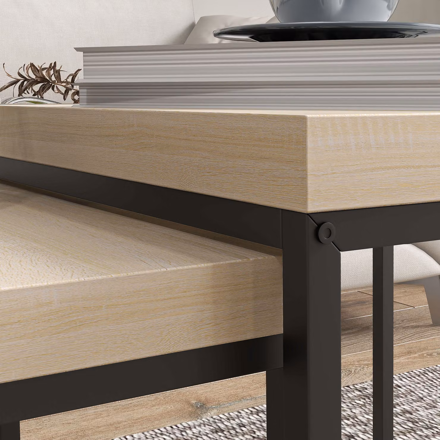 HOMCOM Nest of 2 Coffee Tables in Oak with 3.5cm Thick Composite Tops – 5