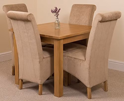 Thats Furniture Oslo Oak Square Dining Table and 4 Beige Fabric Upholstered Chairs Set, W/D/H: 90 x 90 x 77 cm – 1