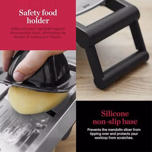 Tower Good Food in Partnership with Chef Mandoline Slicer with Adjustable Thickness, Multiple Blades and Non-Slip Base, Silver and Black – 5