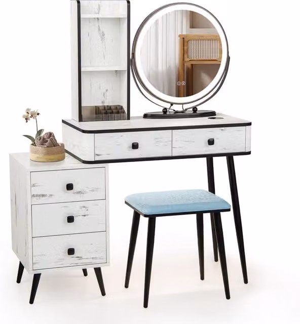 Gymax Dressing Table with Stool Set featuring 3-Colour LED Lighted Mirror and 3 Drawers in White