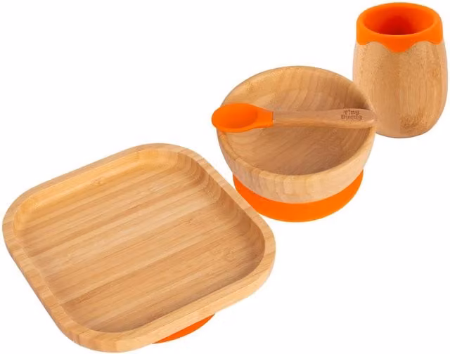 Tiny Dining 4-Piece Square Bamboo and Silicone Suction Baby Feeding Set in Orange