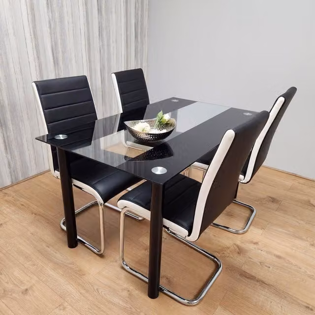 KOSY KOALA Dining Table Set with 4 Faux Leather Padded Chairs, Black and White, W/D/H: 120 x 70 x 75 cm – 1