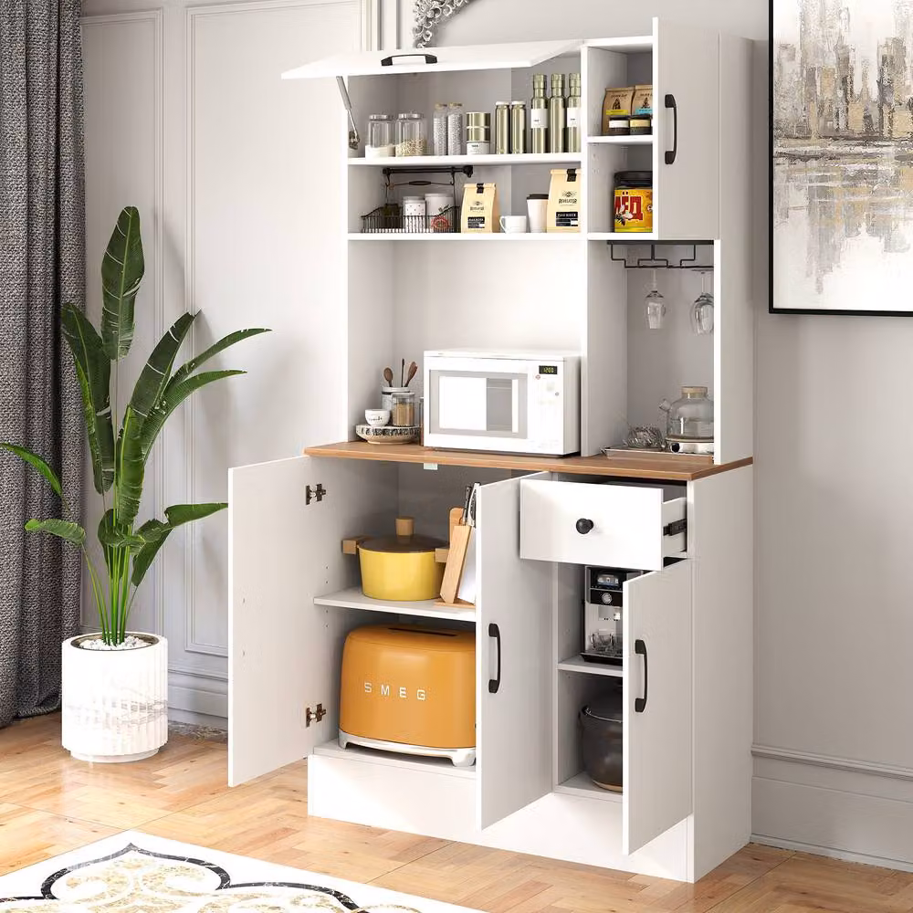 Costway White Wooden Tall Pantry Cabinet with Hutch and Glass Kitchen Buffet Cupboard – 2