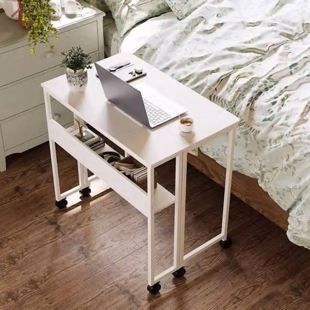 London Boutique Folding Computer Writing Table with Storage Shelf and Castors, White – 1