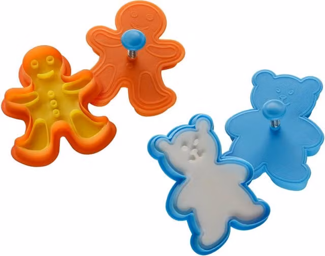 Orsina Gingerbread Man Cookie Cutters and Stamps Set in Blue and Orange