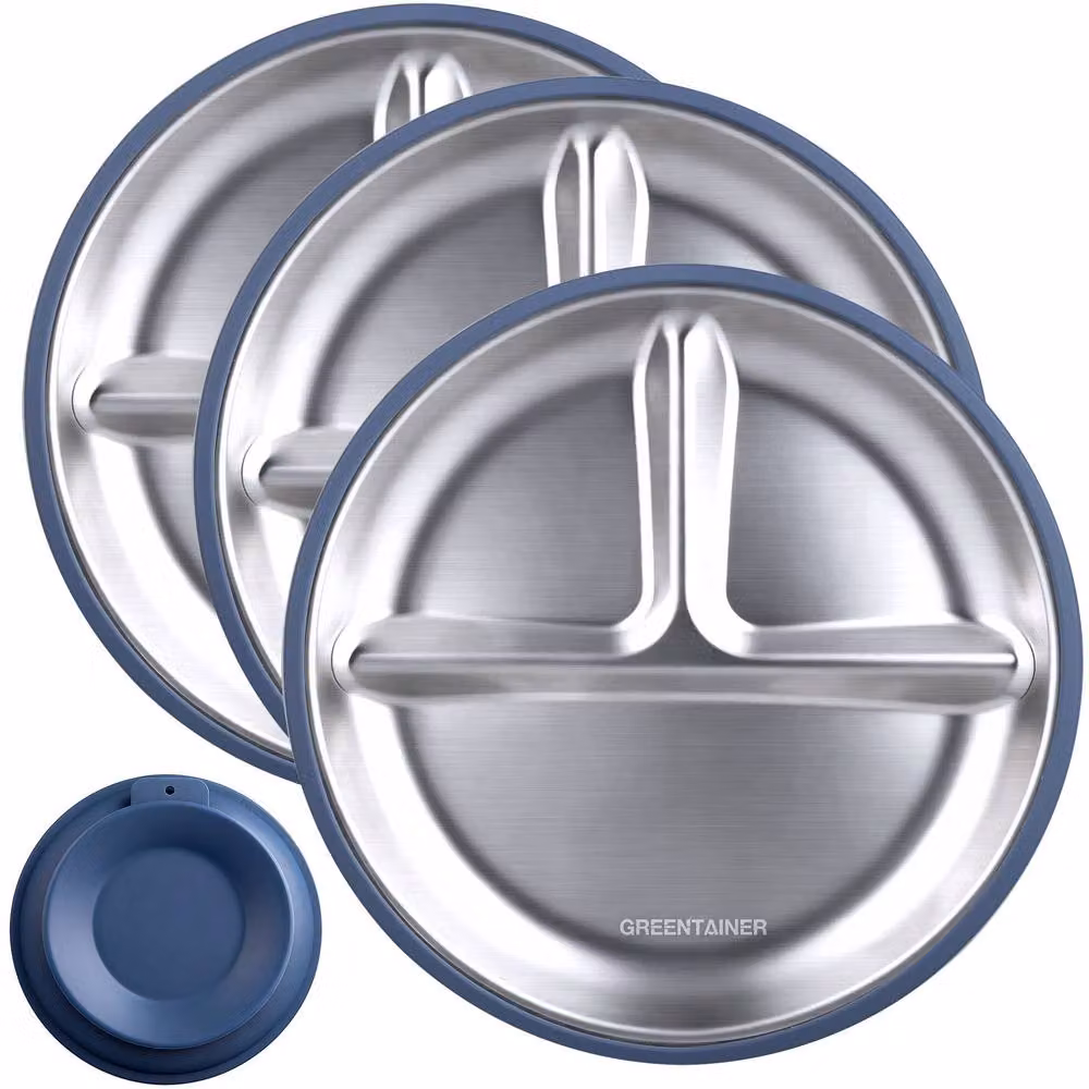 Greentainer 3-Piece Blue Stainless Steel Divided Plate Set with Silicone Suction Base – 9