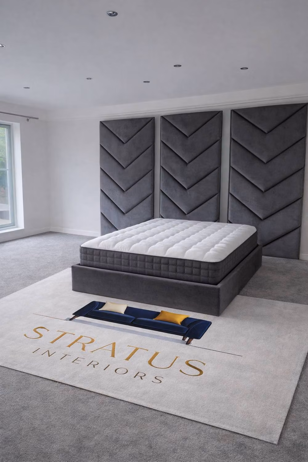 Stratus Interiors Optimus Upholstered Velvet Bed Frame with Chevron Panel Headboard in Grey, W/D/H: 90 x 190 cm – 2