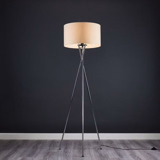 ValueLights Camden Modern Polished Chrome Metal Tripod Floor Lamp with Beige Fabric Cylinder Shade – 1