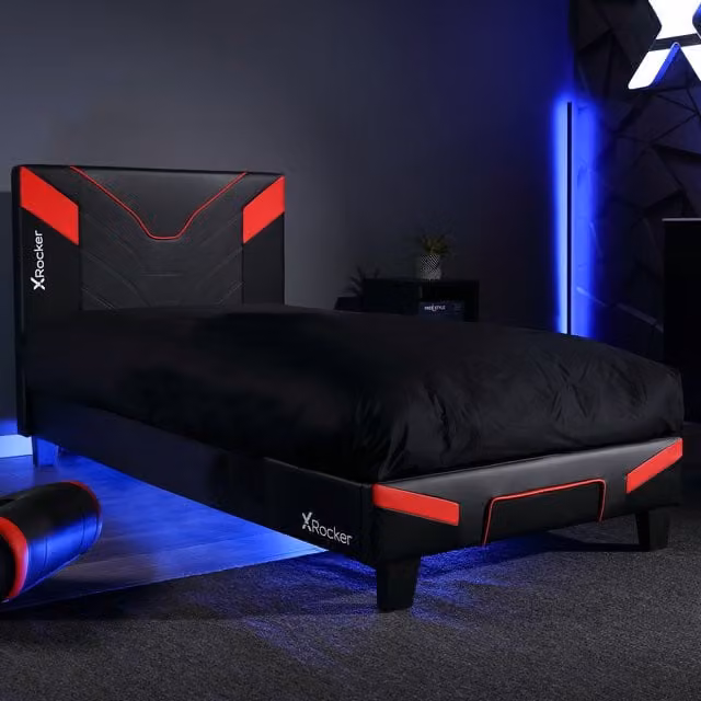 X Rocker Cerberus MKII Single Gaming Bed in a Box, Carbon Red and Black Synthetic Leather with Under-bed Lighting, W/D/H: 90 x 190 cm