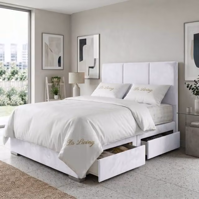 DS Living Whitehall Modern Upholstered Fabric Divan Bed Frame with Drawers in White, W/D/H: 90 x 190 cm