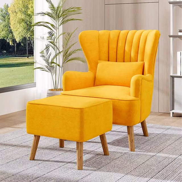 Komore Modern Yellow Faux Wool Upholstered Tub Armchair with Integrated Ottoman