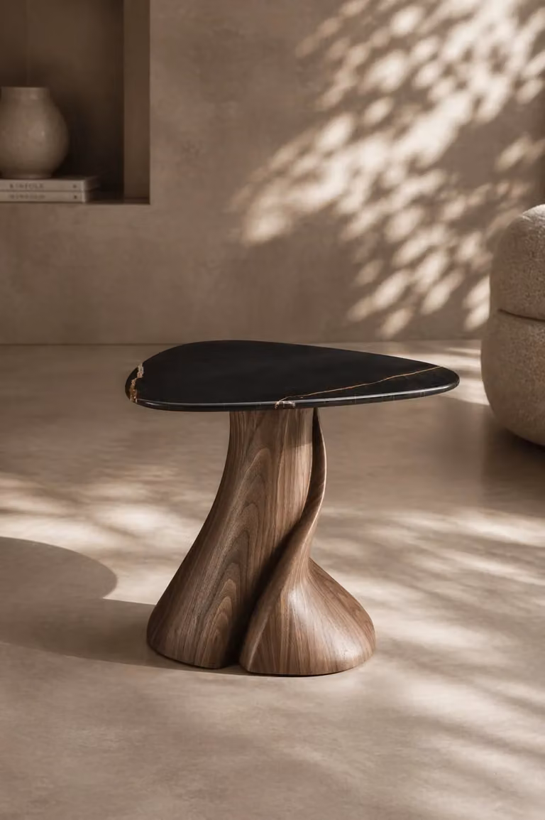 Tommy Franks Jamila Round Marble and Walnut Side Table in Black, Gold and Brown, W/D/H: 36 x 36 x 48 cm