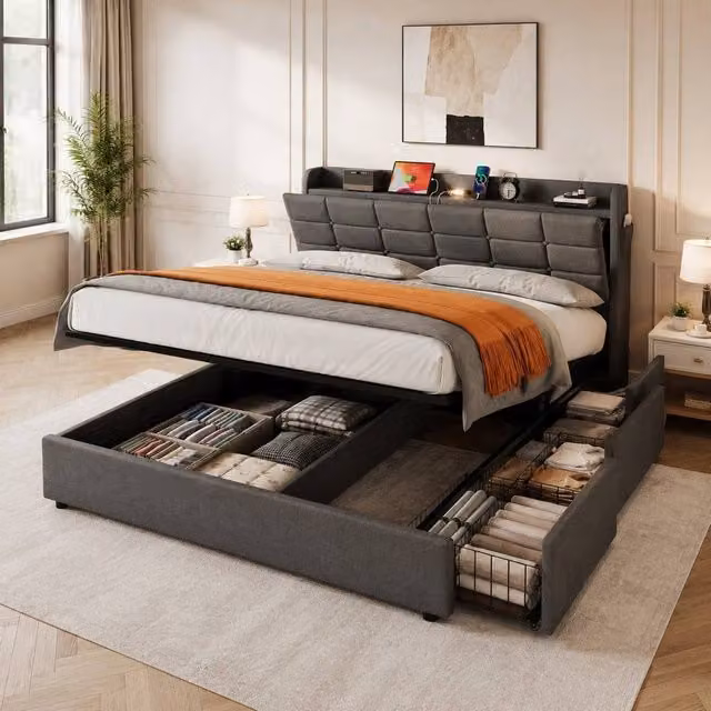 STILVORA Grey Fabric Upholstered Ottoman King Size Bed with Storage, USB Charging and LED Lighting, W/D/H: 180 x 200 cm