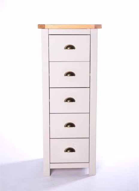 Cabinet Bits Argenta 5 Drawer Narrow Chest of Drawers in Light Grey Pine with Brass Cup Handles
